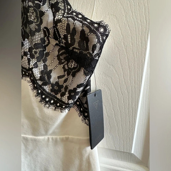 NWT! GUESS White MIDI Dress Black Elegant Dainty Eyelash Lace V Back Lined MED - Picture 3 of 15